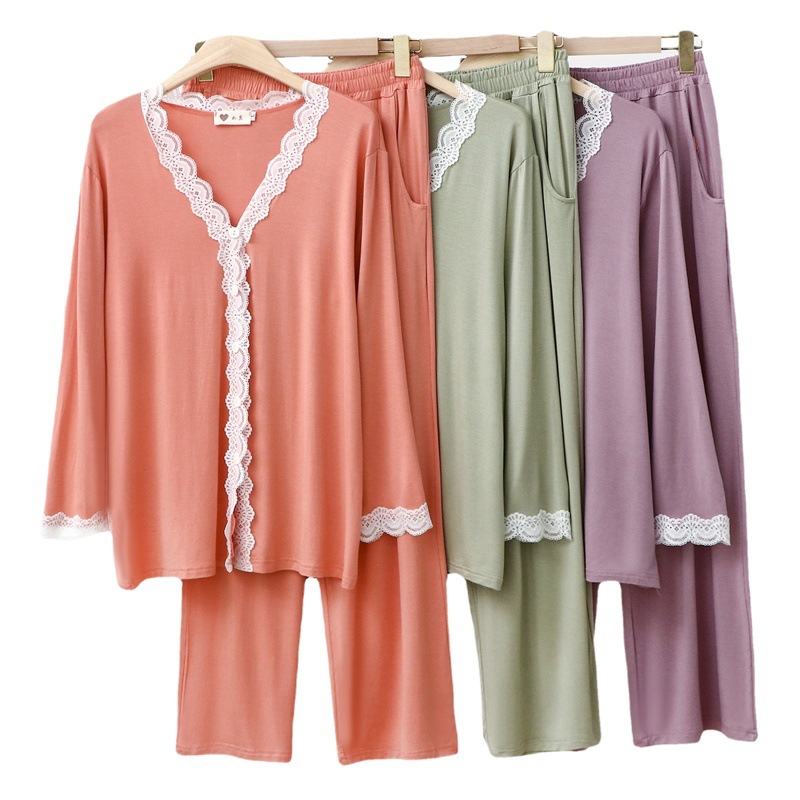 Lace Pajamas Women's Lace Cardigan Modal Elegant Home Clothes V-Neck Simple Soft and Comfortable Suit