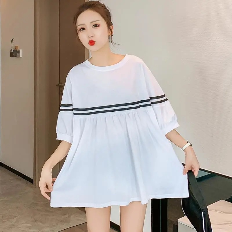 Picture of Spot maternity dress large size women's summer long loose belly covering short sleeve T-shirt skirt 200kg pregnant women's skirt
