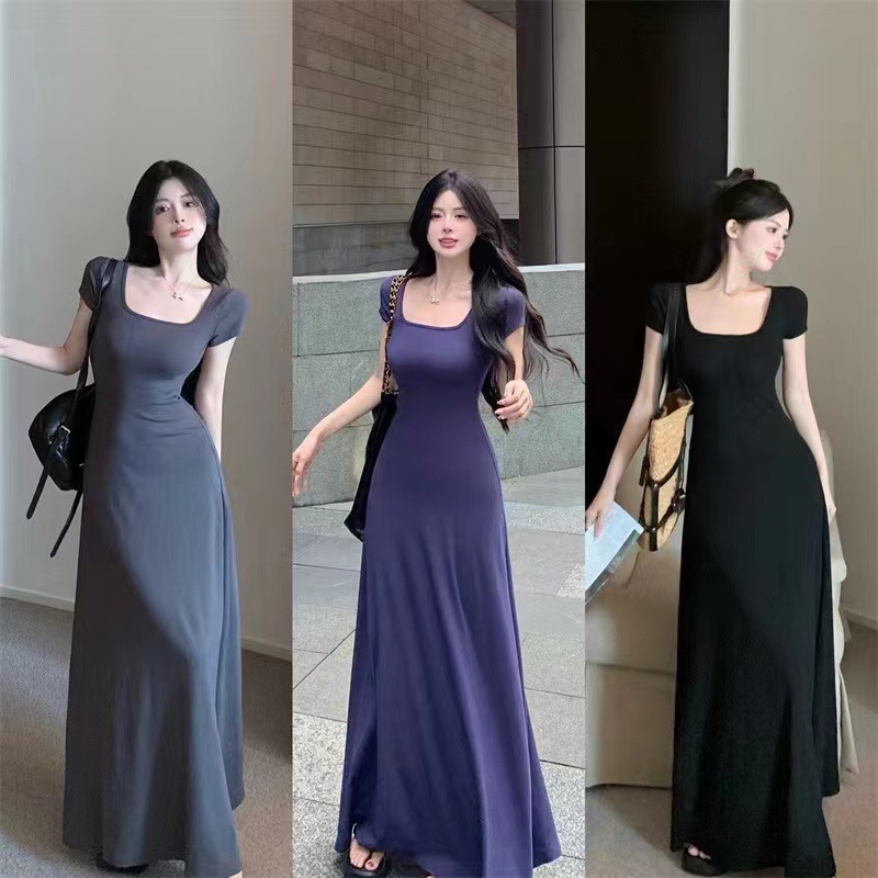Qingxiang Flower House High-end Tea Break French Square Collar Short-sleeved dress Slim-fit Waist Elegant Long Skirt for Women