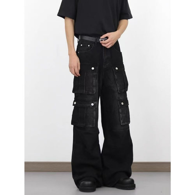 Plus-Size American-Style Multi-Pocket Wide-Leg Cargo Jeans for Women with a Vintage Design, Slimming Straight High-Waisted Floor-Length Pants