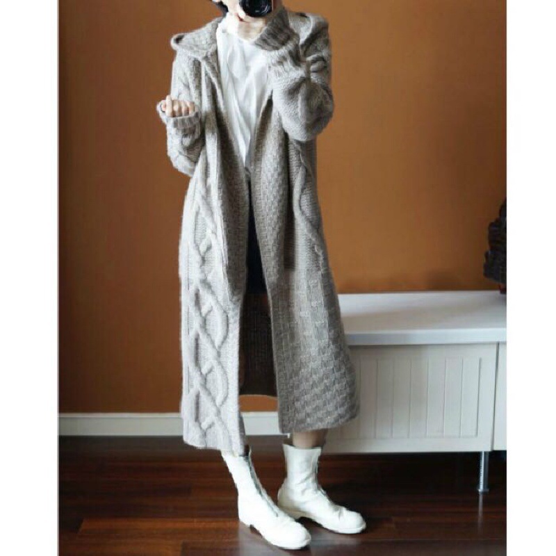 chic popular South Korea sweater coat Women's Mid-length lazy style loose cardigan twist thick sweater coat