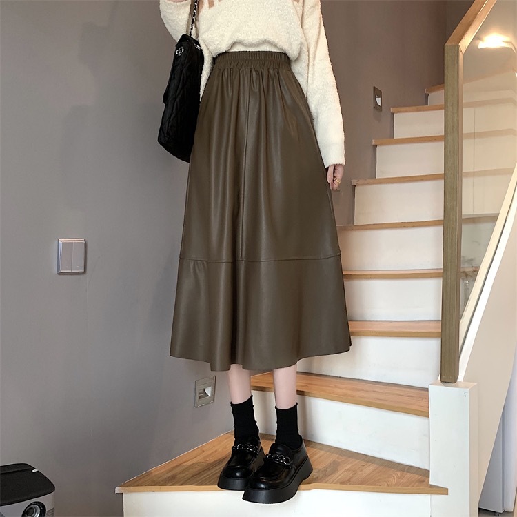 Skirt Design Sense Black Mid-length PU Leather Skirt Women's Autumn and Winter plus size chubby girl High Waist Slimming Umbrella Skirt Elegant
