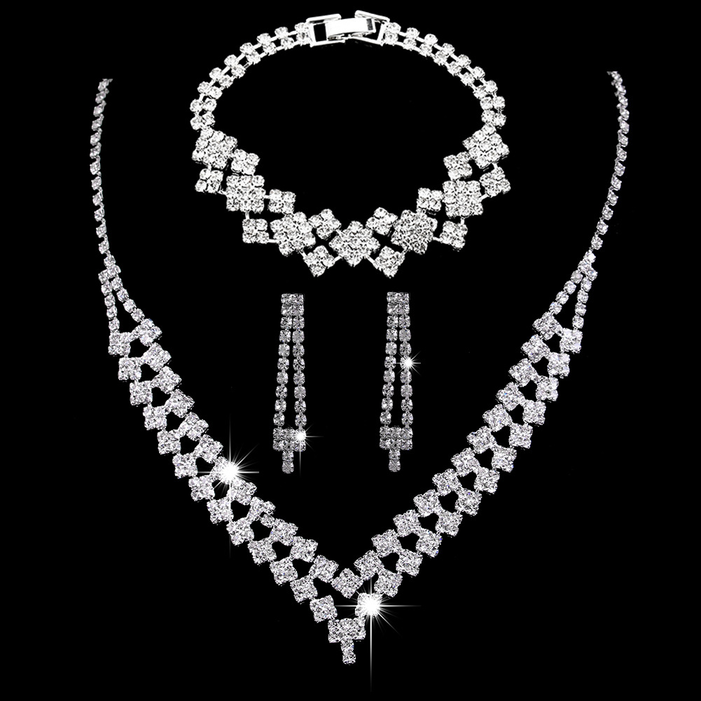 Picture of Brilliant diamond zircon water drop necklace earrings bride wedding jewelry shooting jewelry set wholesale