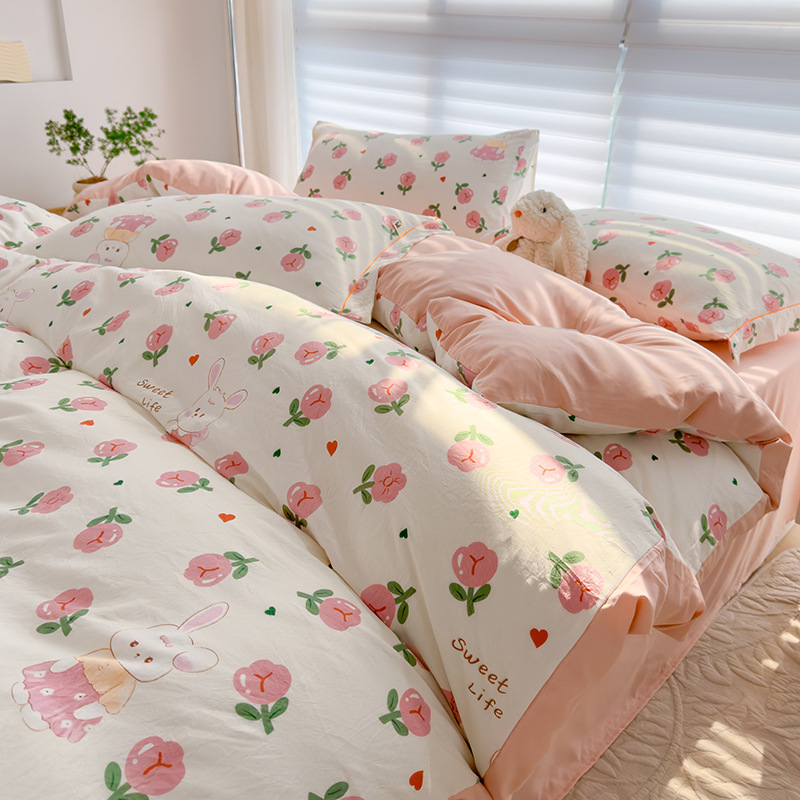 Class A Maternal and Infant Grade Double-layer Yarn Four-piece Set Small Fresh Super Soft Washed Cotton Linen Bed Three-piece Set for Student Dormitory