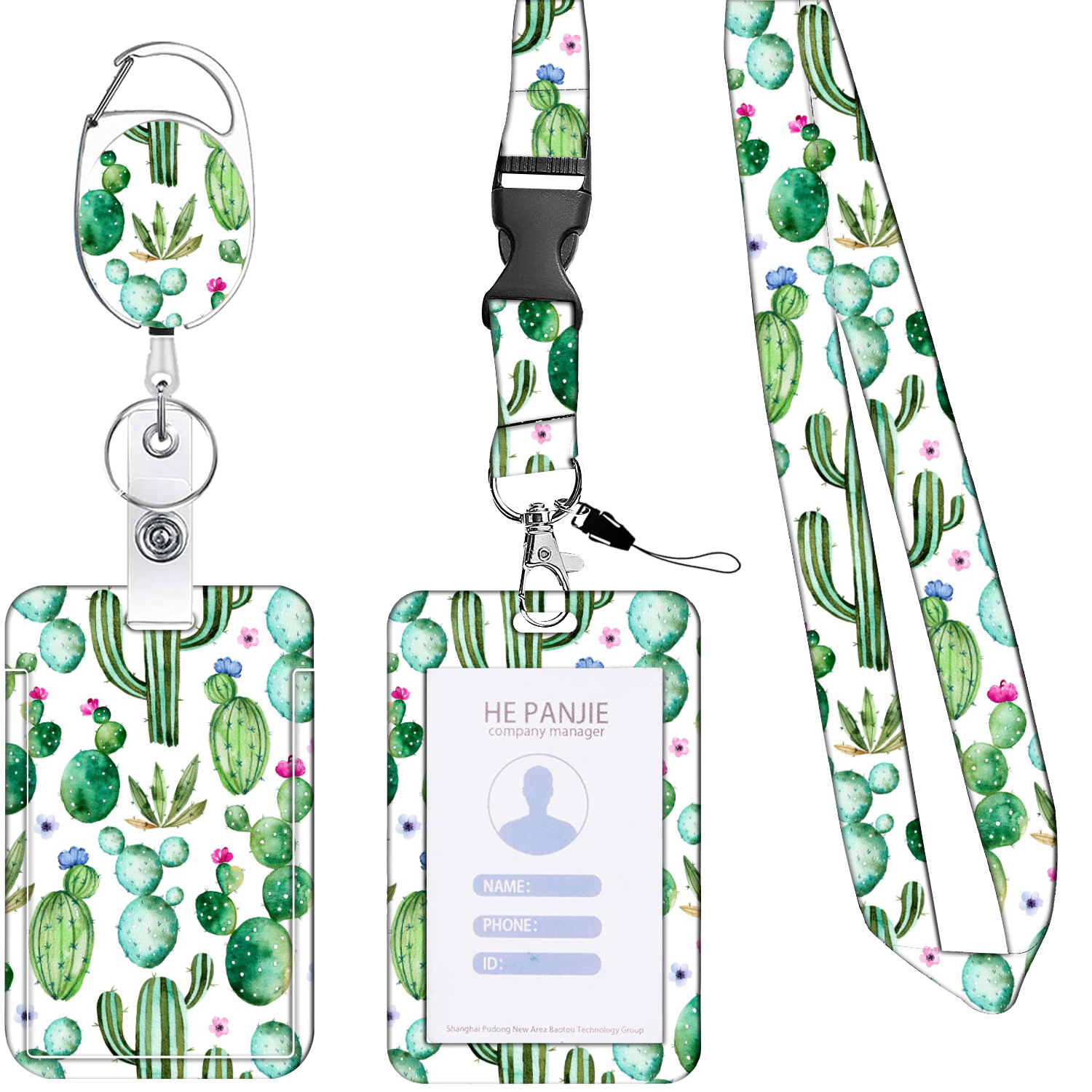 Cactus Printed Polyester Lanyard Zinc Alloy Stretchable Star Easy Pull Buckle Easy Pull Small Floral Card Holder