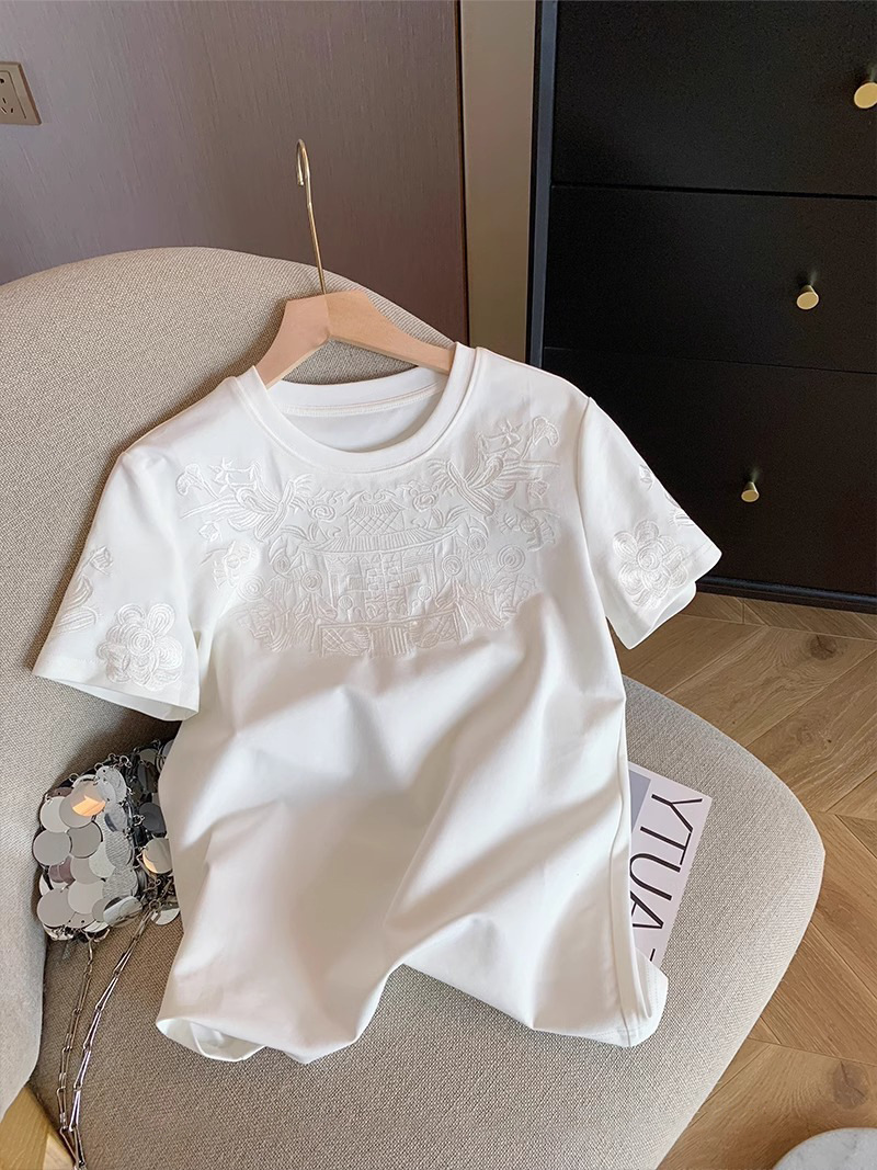 Outlets ~ Clearance to Pick Up Leaks Guofeng Crewneck Heavy Industry Embroidered Short Sleeve T-Shirt Summer Loose Pure Cotton National Tide Top