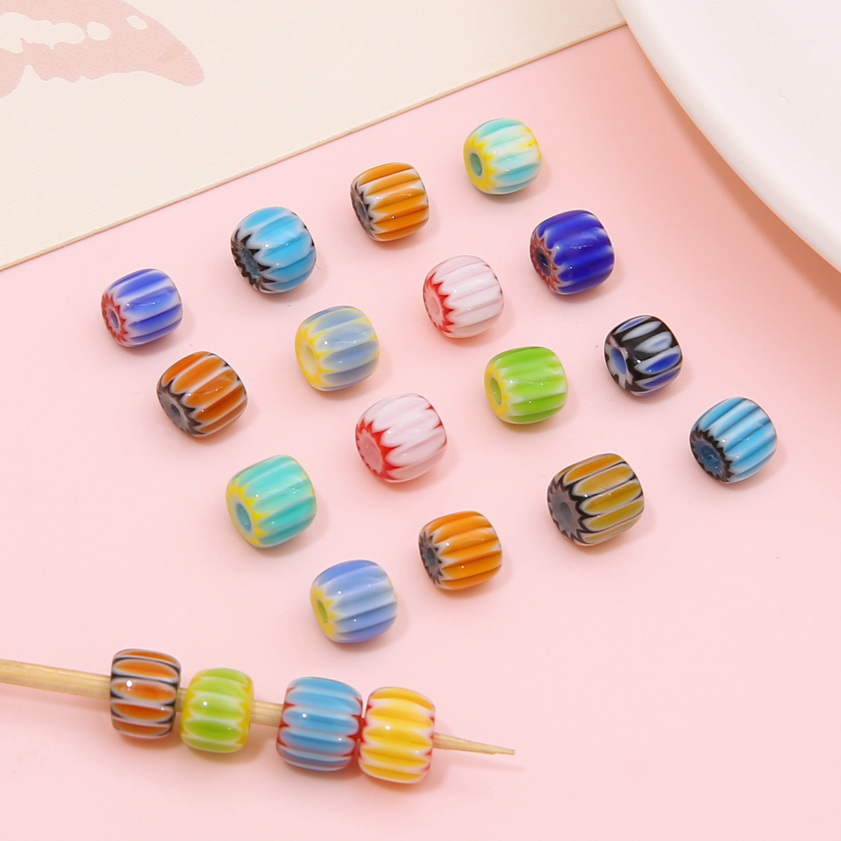 6-8mm Glass Thousand Flowers Nepal Pumpkin Beads Handmade DIY Handstring Striped Barrel Beads Necklace Scattered Beads Jewelry