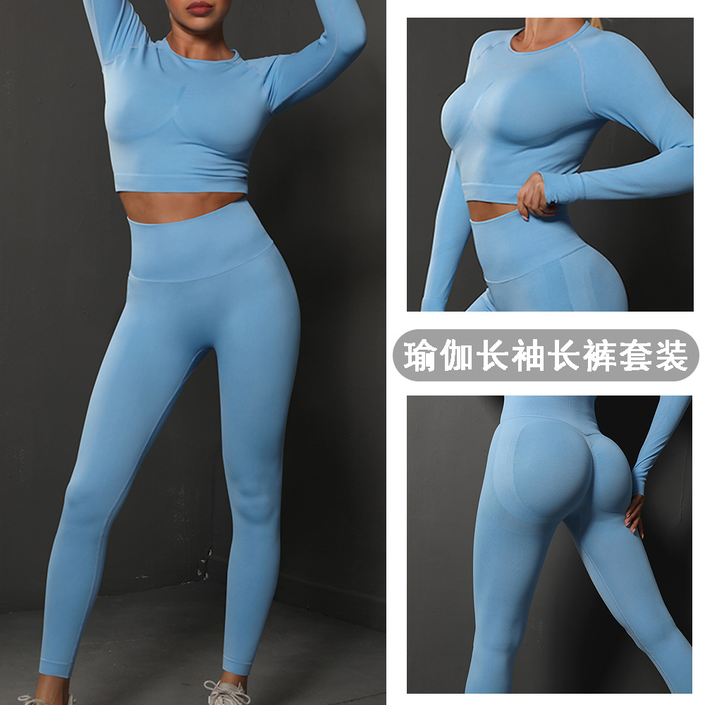 Cross-Border European and American Seamless Pleated Peach Tight Hip-Lifting Trousers Yoga Sports Running Long-Sleeved Fitness Clothing Set