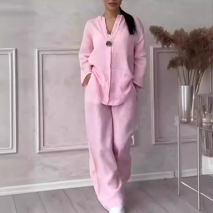 Picture of Amazon 2025 Europe and the United States cross-border new women's independent station AliExpress fashion solid color cotton casual suit pants
