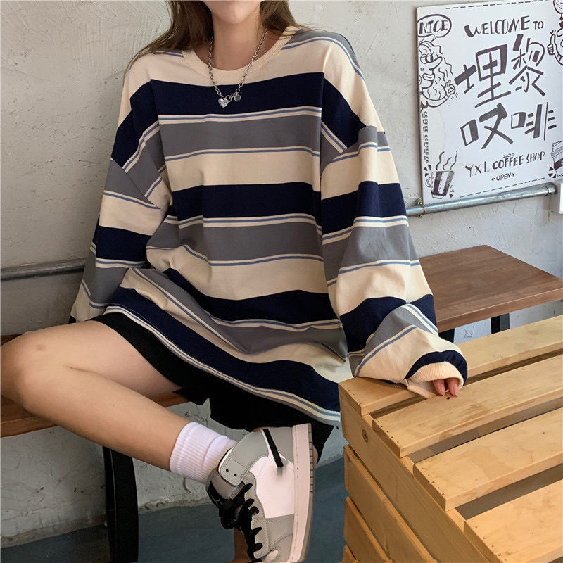 Round Neck Thin Sweatshirt for Women Spring and Autum Korean Style Loose Stripesd Long-Sleeved T-Shirt Female Internet Celebrity Student Versatile Top Trendy