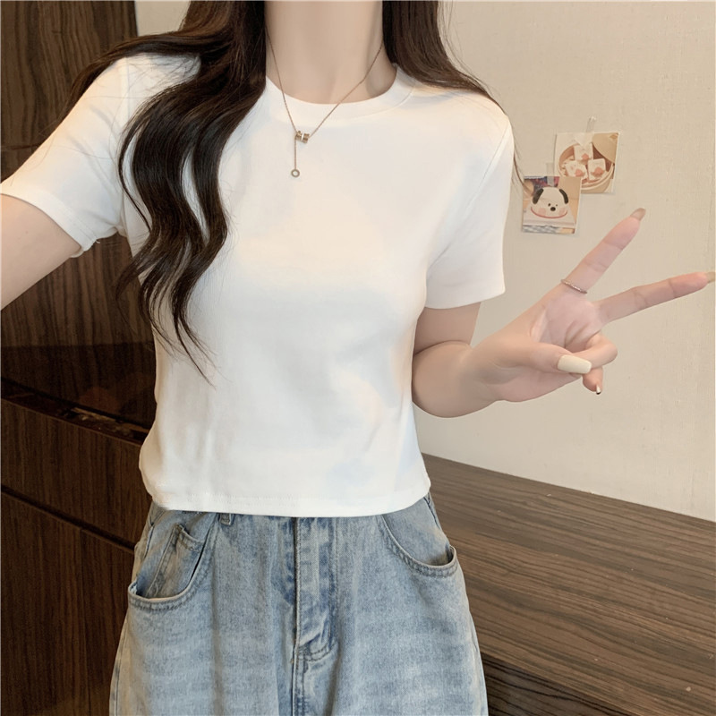 Cross-border Solid Color Shoulder Short-sleeved T-shirt Women's Summer Slim-fit Slimming Inner Base-layer Shirt Short Half-sleeved Girls' Dress