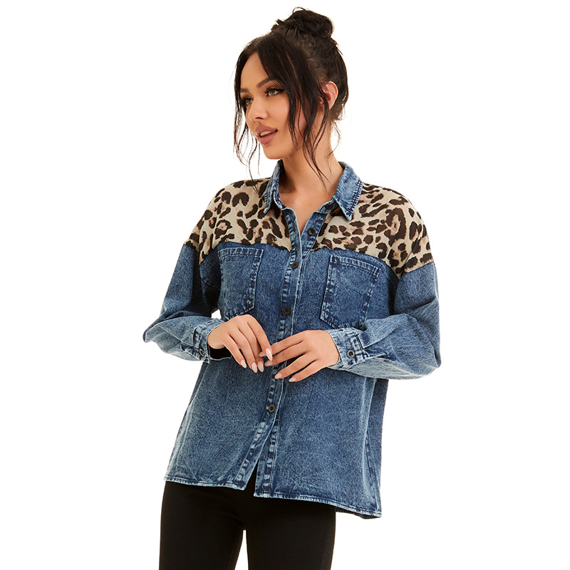 In stock# New European and American Foreign Trade Amazon Fashion Denim snowflake stitching leopard print Denim shirt coat for women
