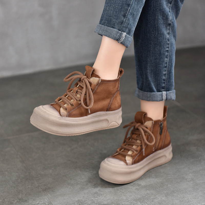 Lace-Up Thick-Soled Casual Shoes, Genuine Leather Women's Shoes, Side Zipper Short Boots, Cowhide Single Boots, Boots