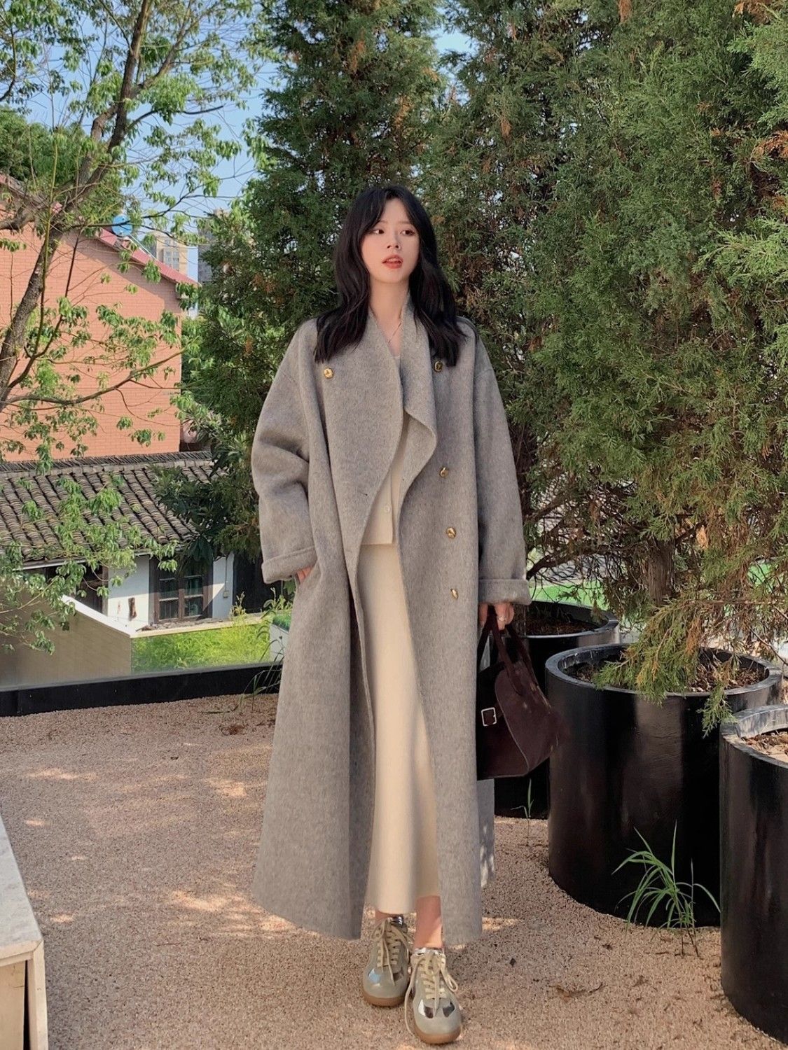 Picture of Gray Double-Sided Woolen Outwear for Women Mid-Length 2025 Autumn and Winter New Korean Style Loose Knee-Length Woolen Outwear