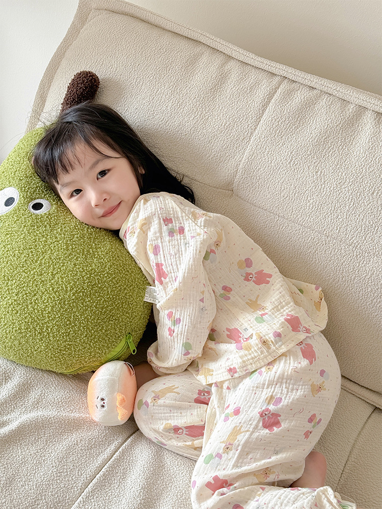 Picture of 2024 Children's Air-Conditioned Home Clothes Double-Layer Cotton Yarn Pajamas for Boys and Girls Pure Cotton Spring and Summer Thin Nefty Long-Sleeved suit