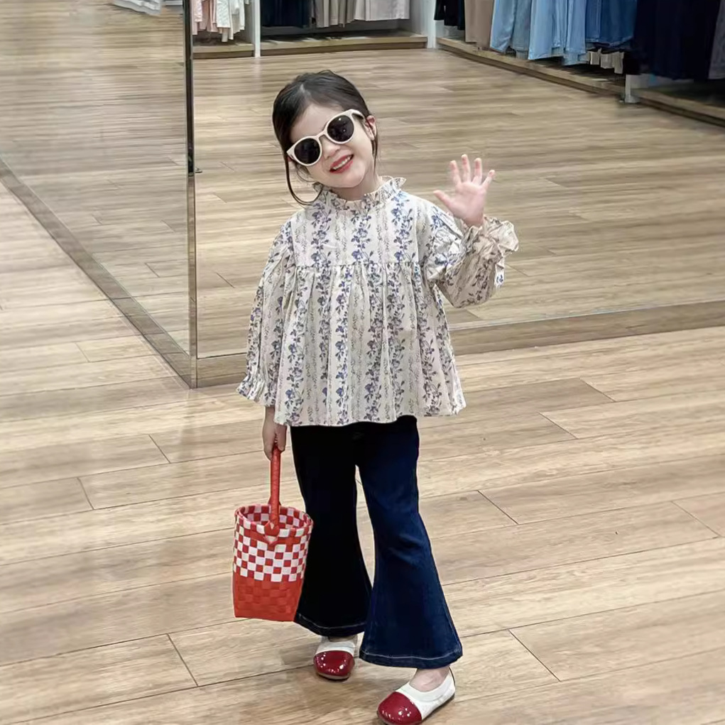 Picture of Girl's Floral Shirt 2024 Autumn Western-style Floral Auriculariar Collar Top Doll Shirt Stretch Denim Flared Pants