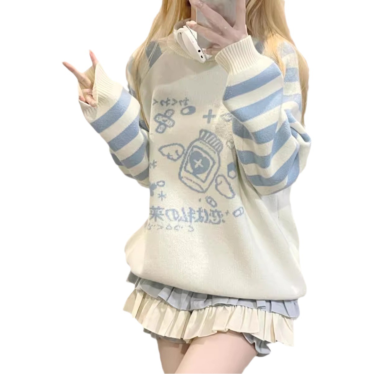 Striped stitching two-dimensional y2g Asian culture long-sleeved sweater women's round neck blue autumn and winter New knitwear top
