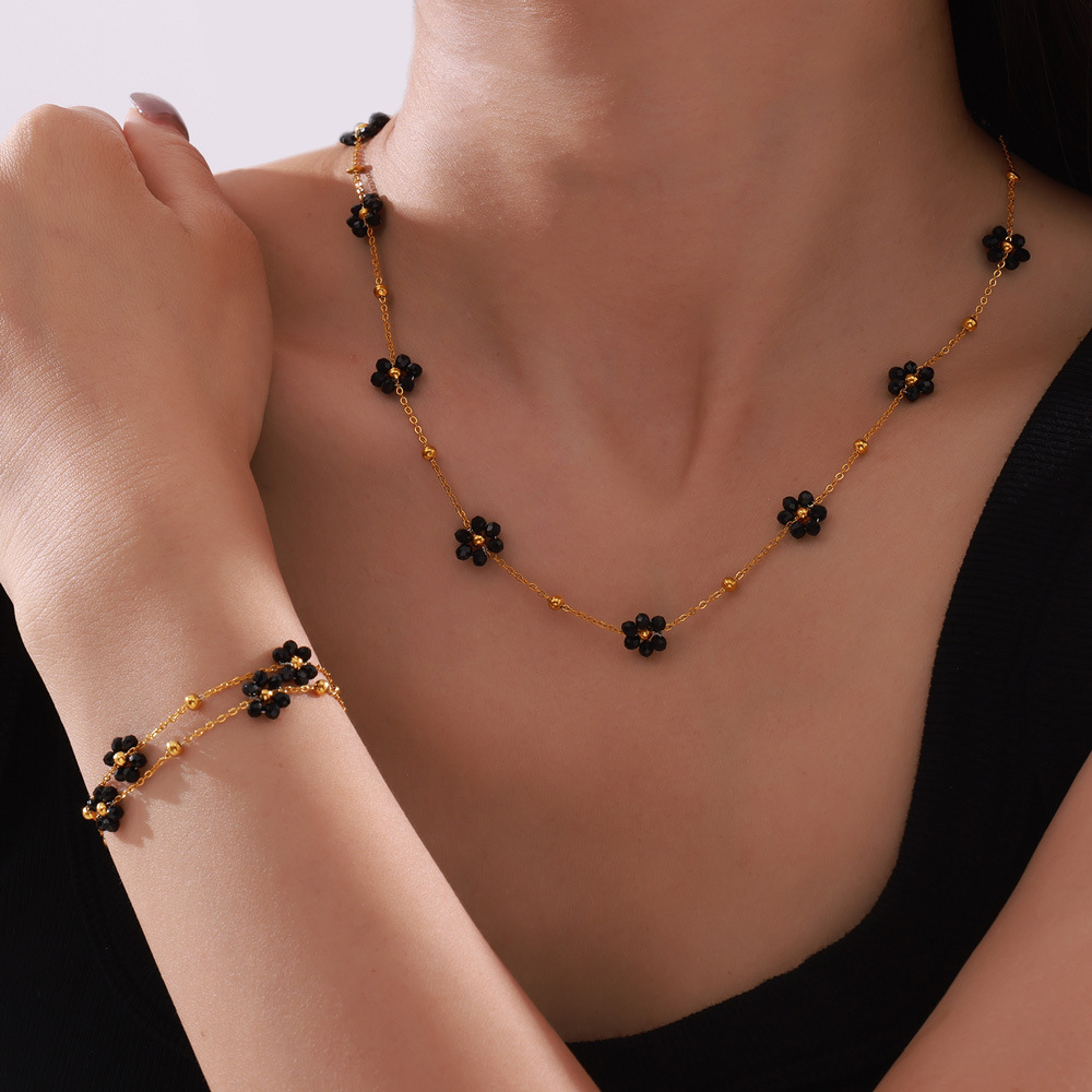 Picture of British style retro niche personality simple versatile jewelry natural stone beaded flower shape titanium steel jewelry suit