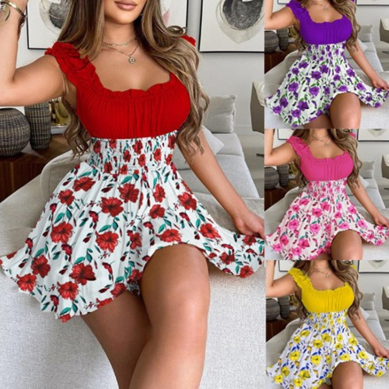 European and American Independent Station AliExpress Amazon Cross-border Summer New Flower Printed Waist Slimming Crewneck dress