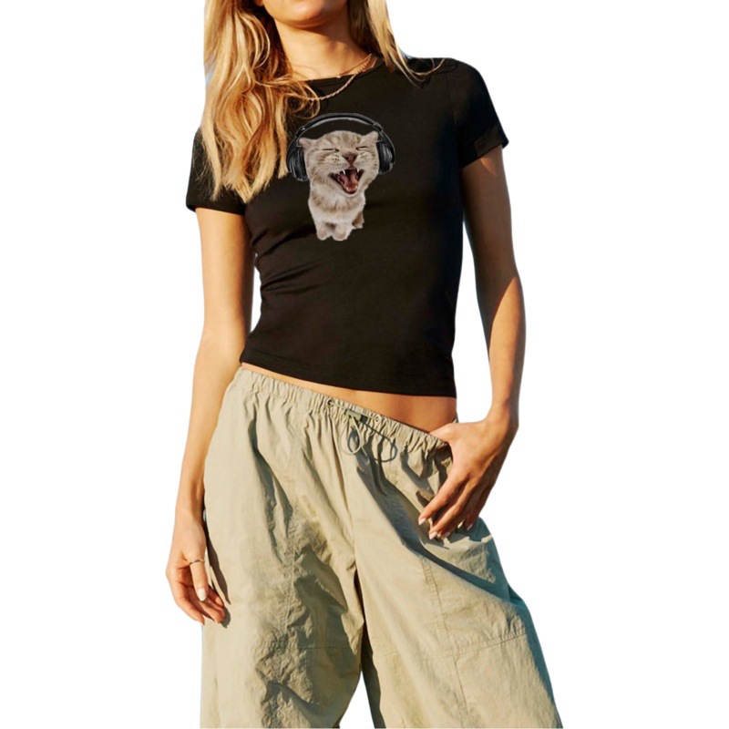 Picture of 2025 Summer European and American Style Cross-Border New Product Ladies Sexy Cat Print Short-Sleeved Slim Fit Int Shirt