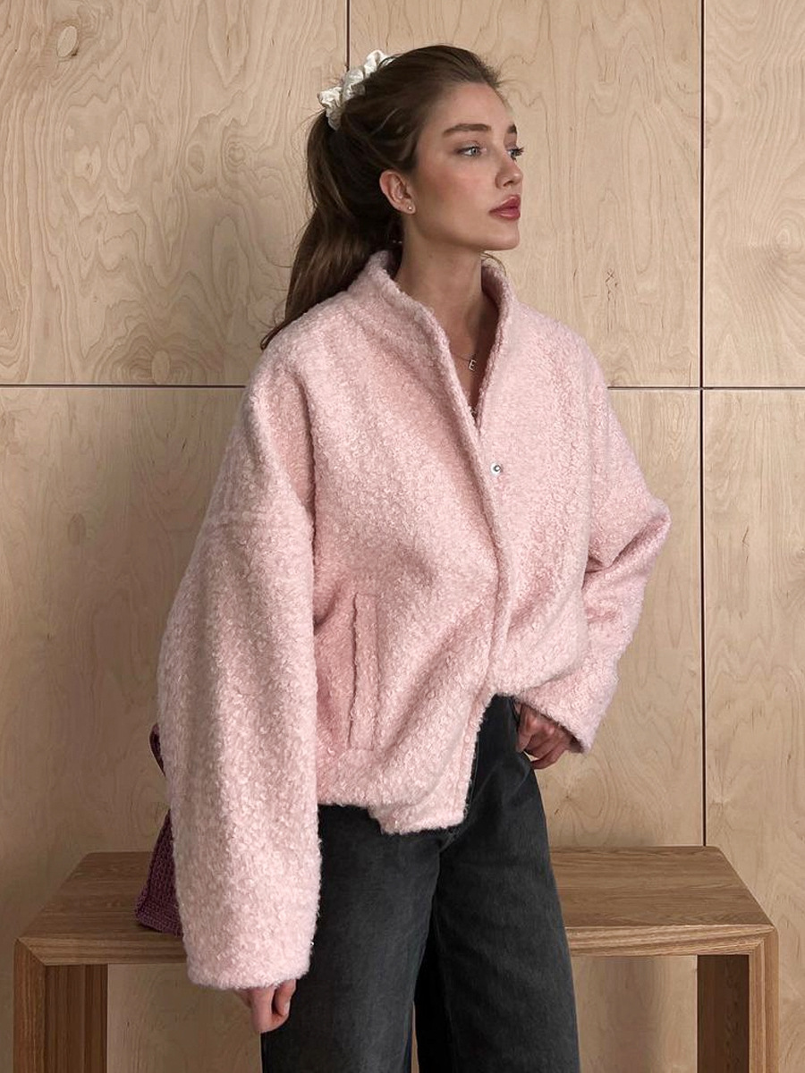 Cross-border Pink Jacket European and American 2025 Winter New Elegant Casual Collar Shoulder Sleeve Short Mao Mao Jacket