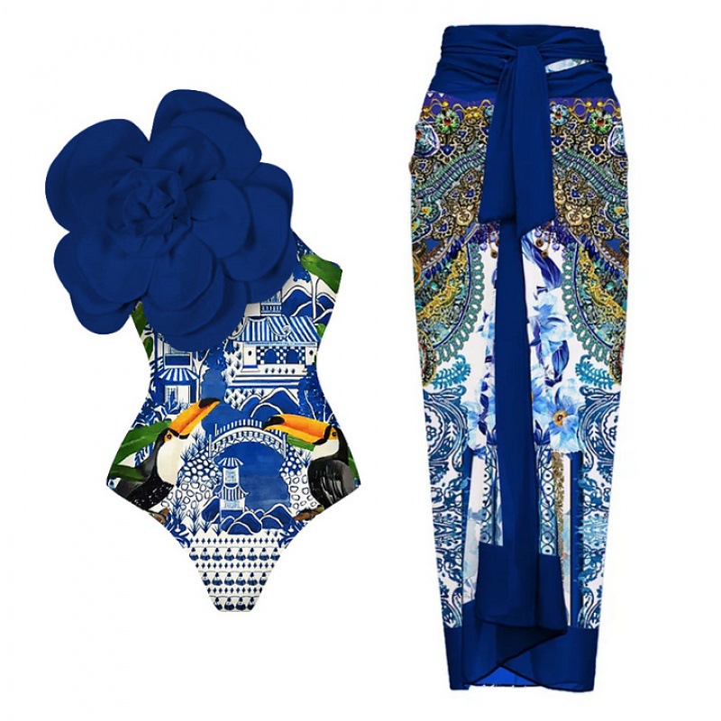 Picture of 2024 Amazon AliExpress one-piece swimsuit 3D big flower decoration sexy Peco Peco print swimsuit suit women