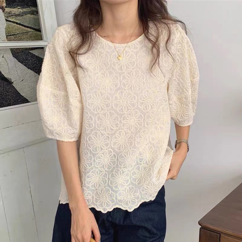 Picture of Korean style chic puff sleeve top for women new design sense niche chic heavy embroidery flower loose shirt