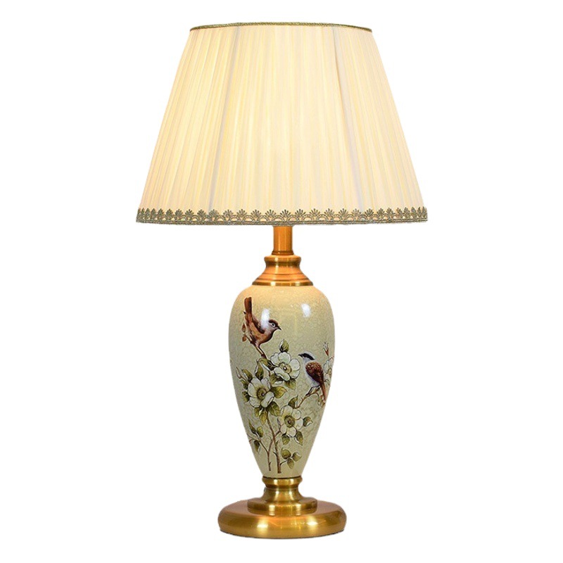 American flower and bird ceramic simple modern bedside table lamp small size bedroom study creative fabric decorative table lamp light luxury