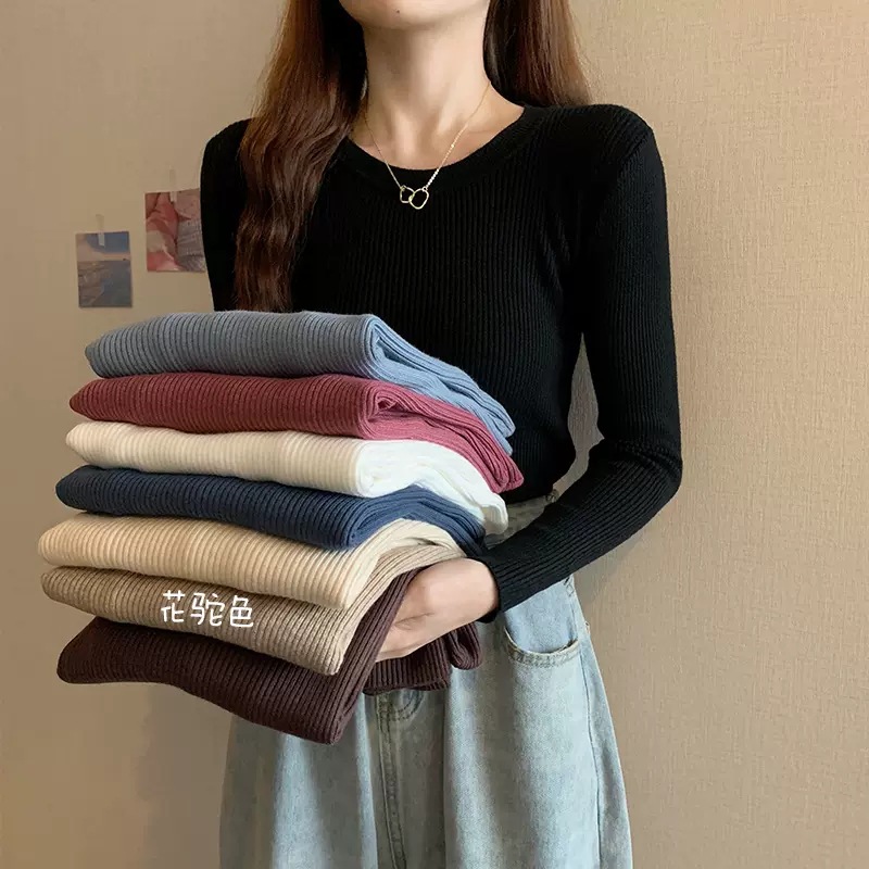 Picture of Sweater 2023 autumn new women's slim-fit black undershirt Western style round neck long sleeve early autumn knitted top