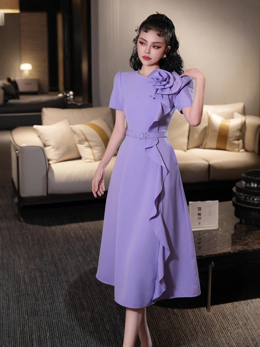 2025 New Women's French-Style Three-Dimensional Printed Solid Color Round Neck Short-Sleeve Waist-Cinching Exquisite High-End Dress