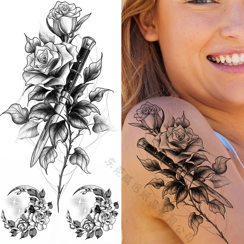 Picture of Cross-Border Supply of Sketch Flower Tattoo Stickers, Sketch Tattoo Stickers, Rose Flower Black and White Flower Tattoo