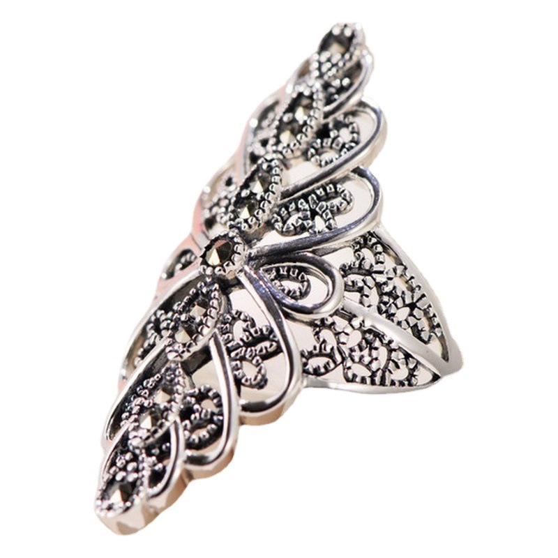 Huajie S925 Sterling Silver Retro Court Style Diamond Lace Wide Version Exaggerated Petal Ladies Atmospheric Personality Ring