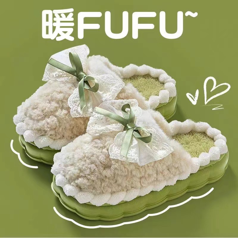 Bow cotton slippers ladies winter warm non-slip indoor home 2024 new fluffy slippers winter