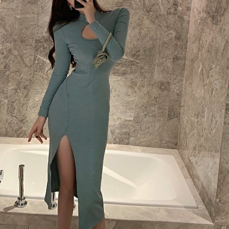 Picture of Yujie Fan Elegant European and American Style Sexy Long Sleeve Skirt Hollow Split Slim-fit Slim-fit Base dress Long Skirt Trendy