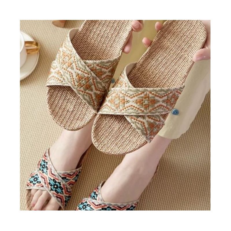 Linen Slippers for Home Summer 2502 New Cross Linen Slippers for Couples Soft Bottom Linen Home Sandals