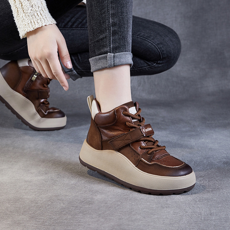 Genuine Leather High-top Casual Shoes 2024 New Fashion Flat Single Boots Top Layer Cowhide Thick Bottom All-match Ankle Boots Trendy