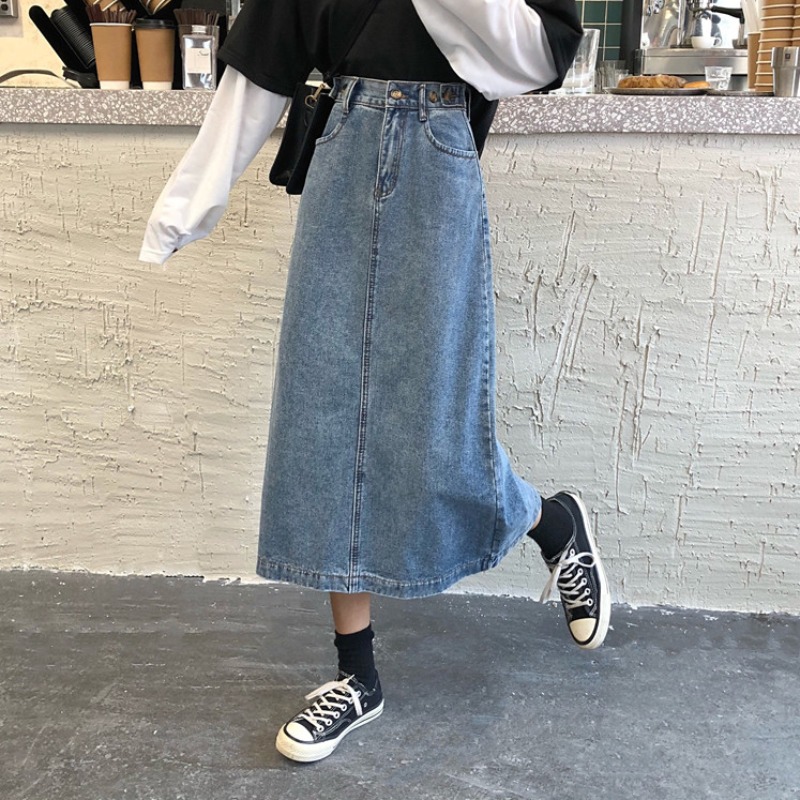 Denim Skirt Women's 2024 Autumn New Fashionable Ins Retro Style Mid-length Split High Waist Slim A- line Skirt