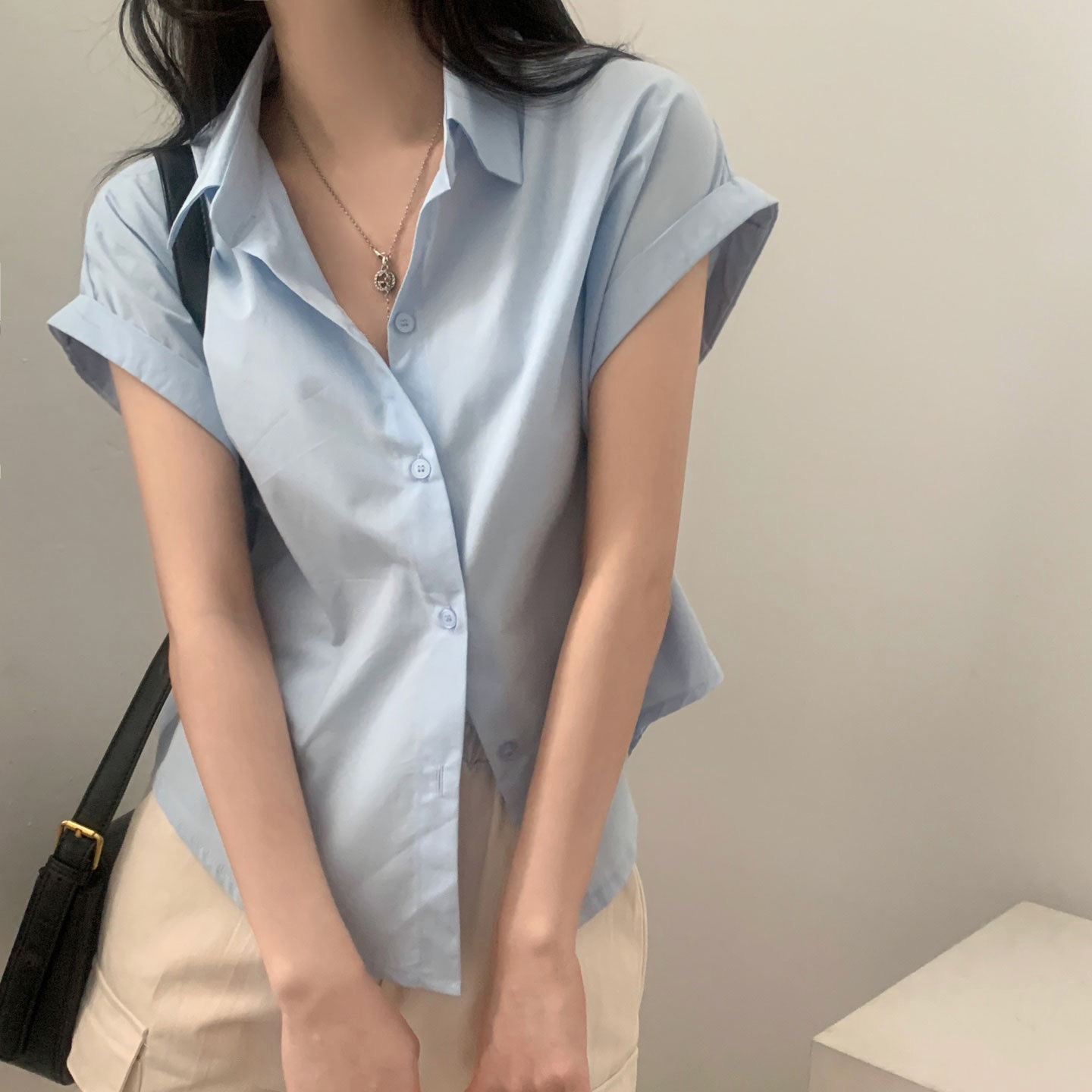 2024 new South Korea ins summer basic temperament lapel sleeve shirt women's short sleeve shirt top