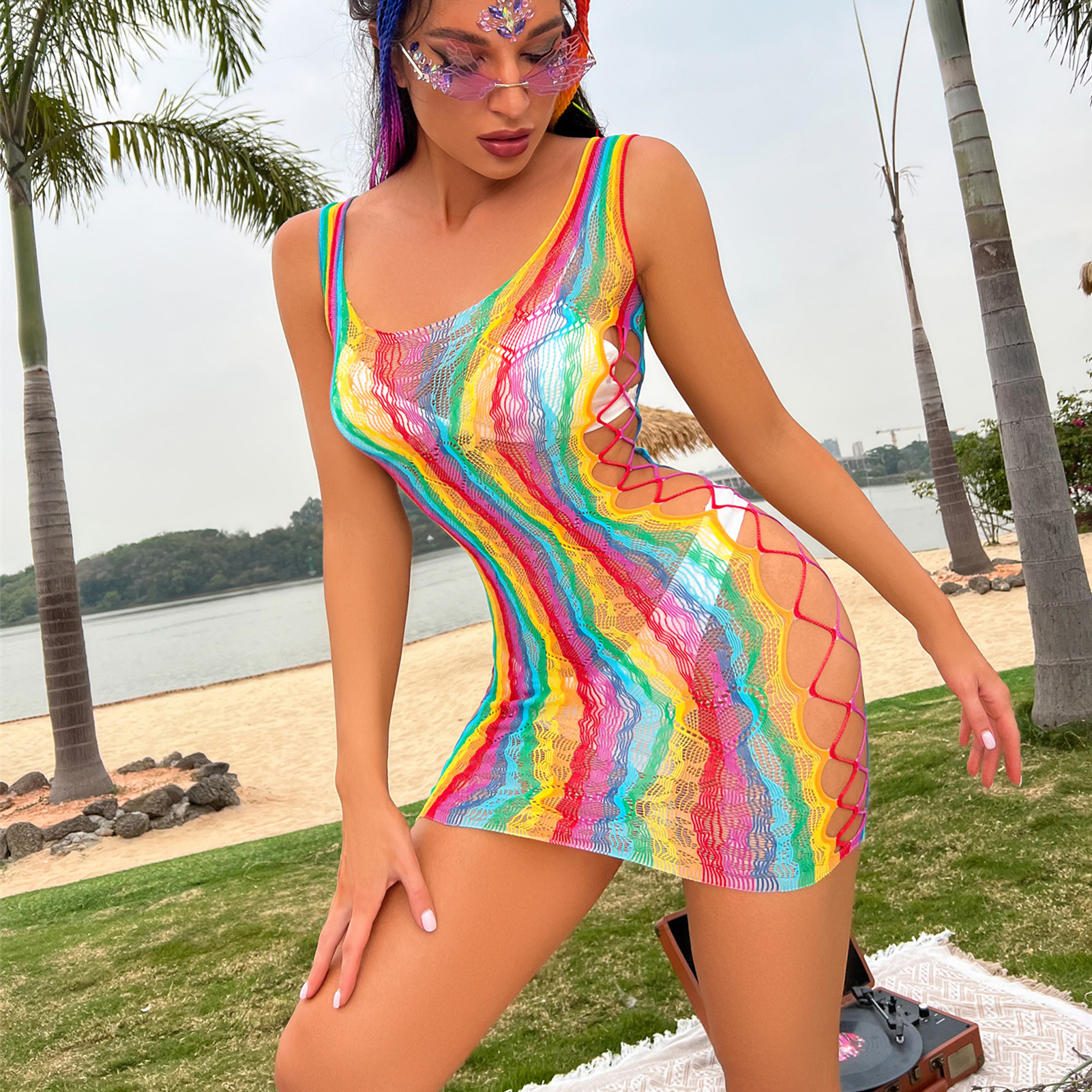 European and American free off plus size Internet celebrity colorful striped sexy lingerie summer beach bikini jacket sexy dress