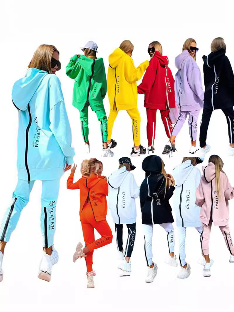 2023 European and American Style Women's Set with Long Zipper, Front and Back Letter Print Long Sweatshirt + Long Pants, Cross-Border Casual Style