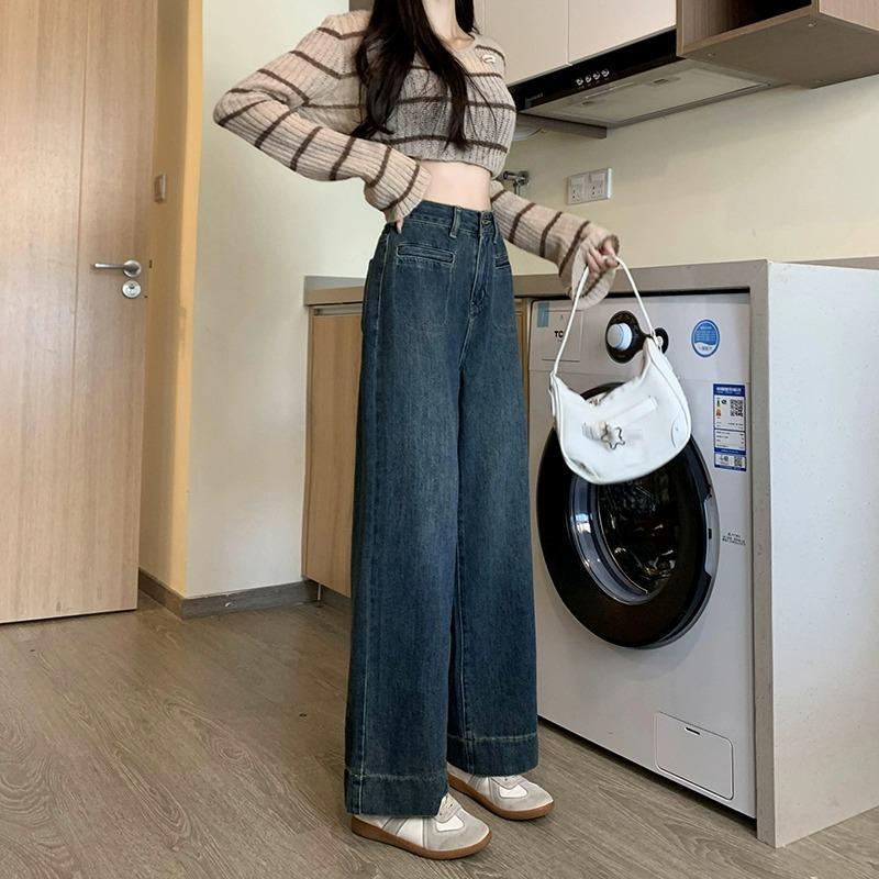 Vintage Blue fleece-lined Jeans Women's 2024 Autumn and Winter New High Waist Loose Slimming Small Straight Pants