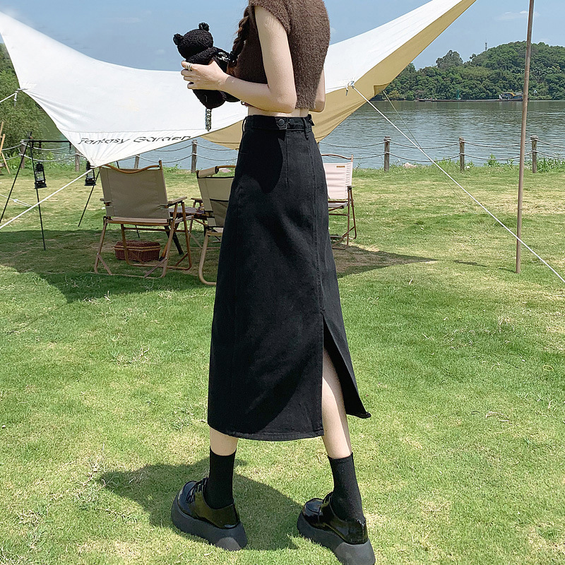 Black Split Denim Skirt Women's Summer 2024 New High Waist A- line Hip Mid-length Skirt