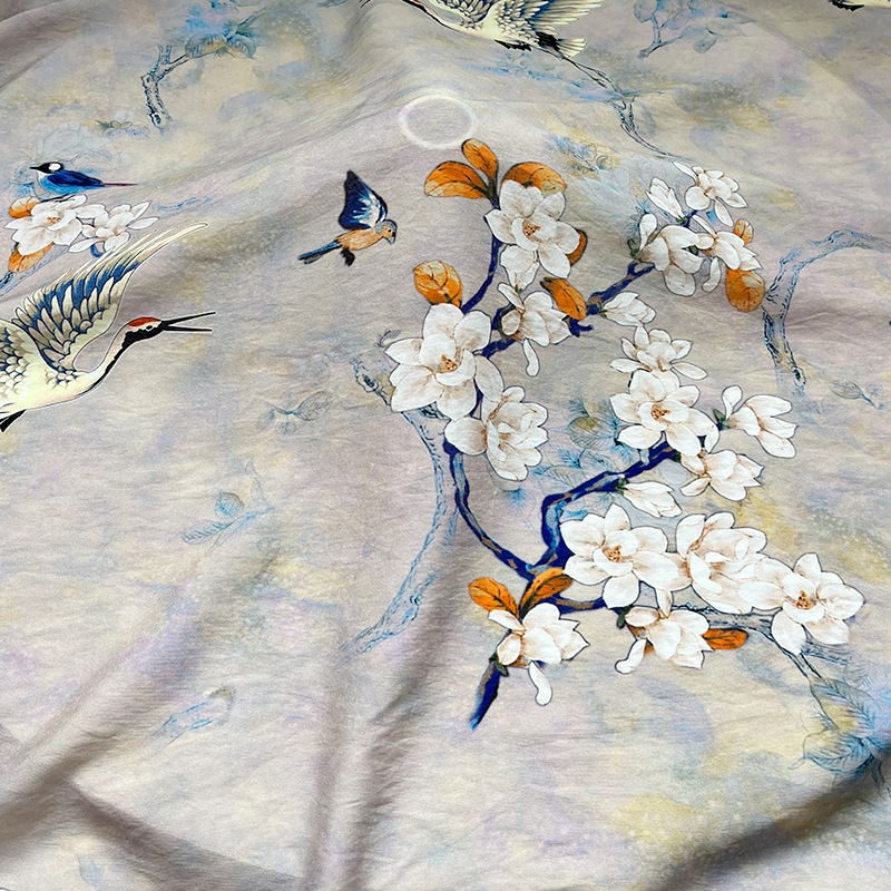 New Chinese-Style Digital Printed Fabric with Blooming Flowers and Crane Motifs, Cotton Fabric for Cheongsam Dresses, Tops, and Hanfu