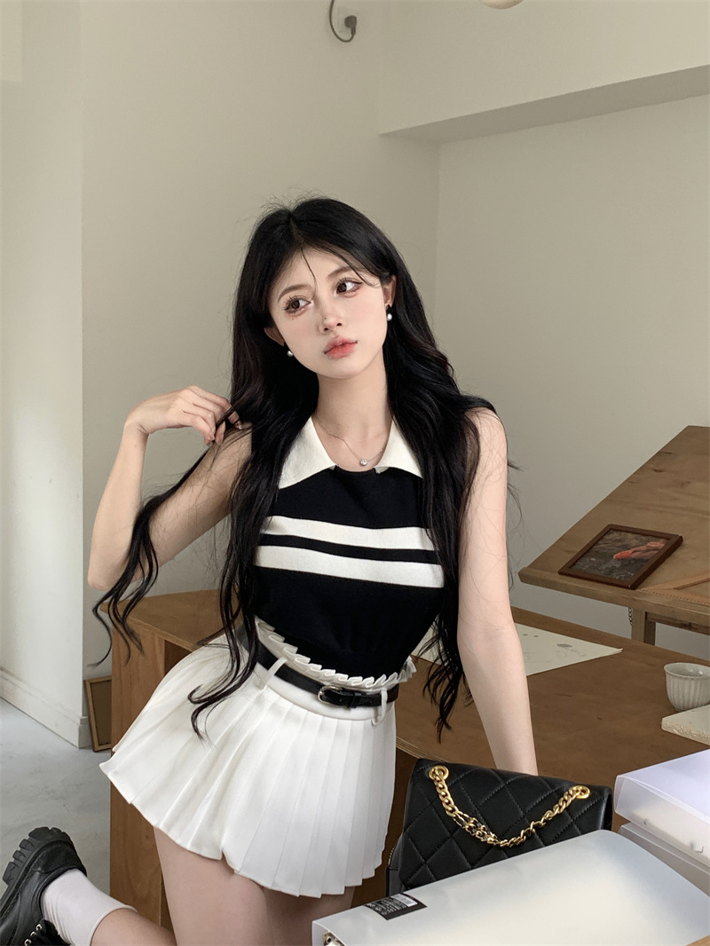 Cross-border Academy-style Striped Sweater Korean-style Polo Collar Summer Contrast Sleeveless All-match Pullover Vest Short Top