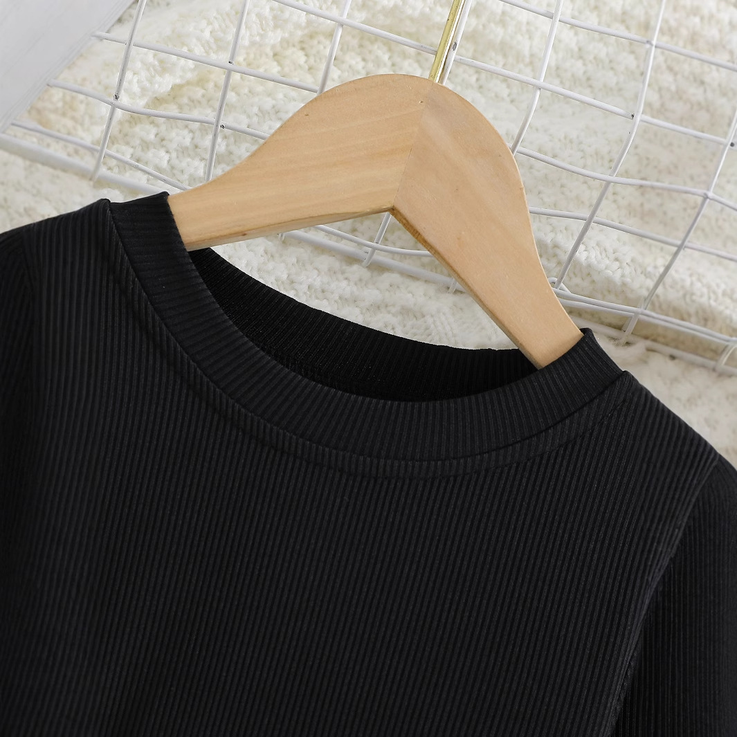 Picture of 2024 Spring and Autumn Foreign Trade Explosions Girls Solid Color Pit Strip Long Sleeve Crewneck Black Rose Mesh Princess dress
