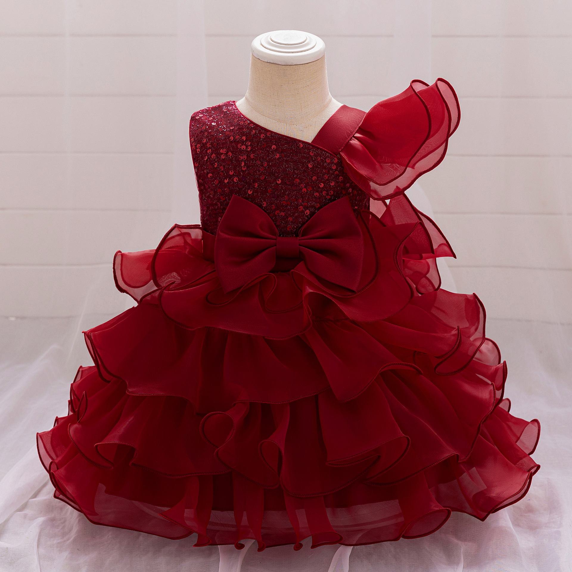 Amazon New Baby Dress Princess Dress Irregular Slant Shoulder Sequin Cake Skirt Bow Tutu Skirt