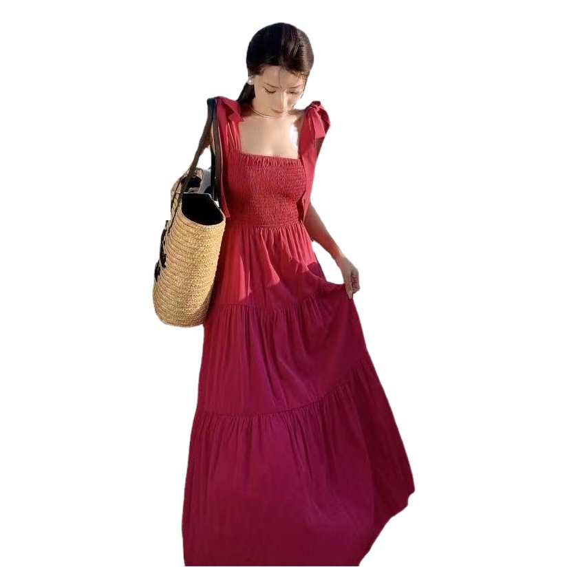 Seaside Vacation pure desire style sling dress niche design sense waist tight strap show white beach long skirt women's clothing