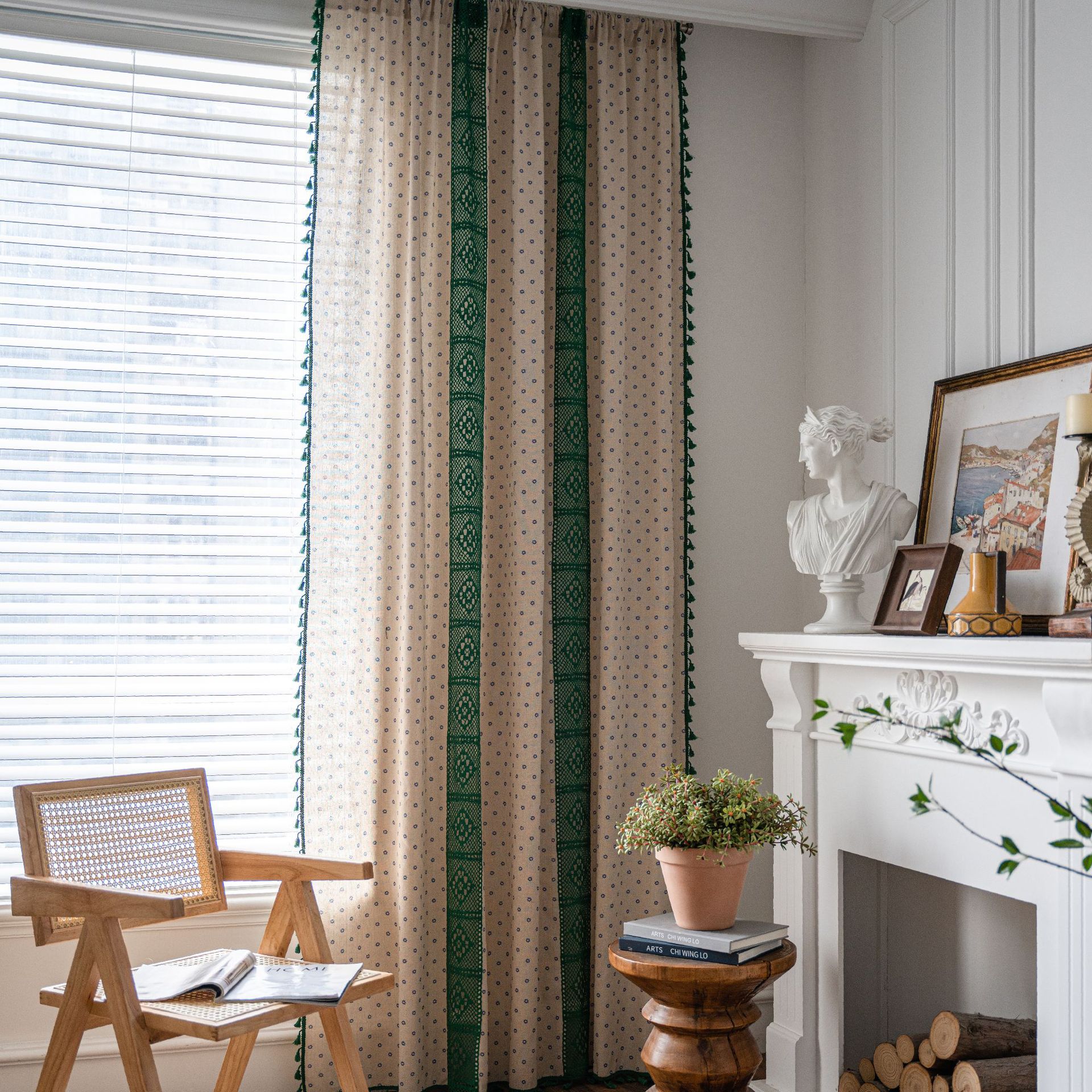 Yiman Qiyun Curtain Lanju Curtain Finished Printed Hollow Stitching American Style Kitchen Curtain Semi-Shading Curtain Tassel