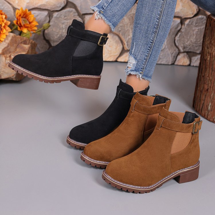 Tume Foreign Trade Plus Size Buckle Square Heel Fashion Boots 2025 Fall Winter New Round Toe Mid-Top Women's Boots Spot Wholesale