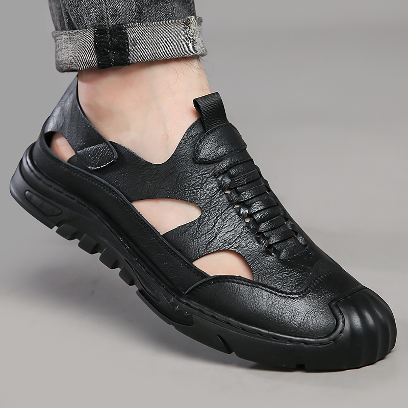 Genuine Leather Sandals Men's 2025 New Men's Casual Beach Shoes Hollow Leather Sandals Breathable Cross-border Hole Shoes